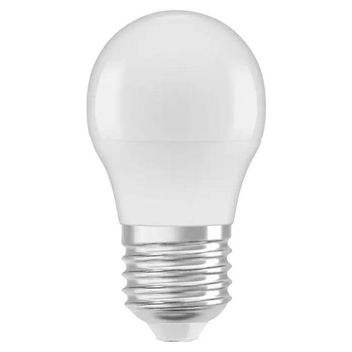 Osram Smart+ Smart-LED-Lampe matter - E27, Dimmbar, RGBW, 470 lm, 4,9 W - Nahaufnahme einer LED-Lampe mit mattweißer Oberfläche und silbernem Schraubsockel auf schwarzem Hintergrund.
