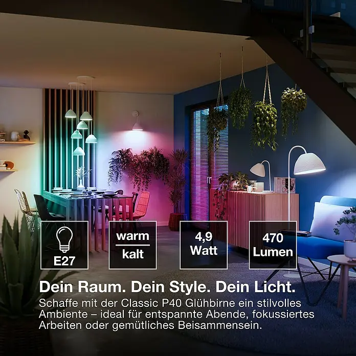 Osram Smart+ Smart-LED-Lampe matter - E27, Dimmbar, RGBW, 470 lm, 4,9 W - Smart LED-Lampe Classic P40 mit E27-Sockel, 4,9 Watt, 470 Lumen, warmweiß bis kaltweiß für Dein Raum. Dein Style. Dein Licht.