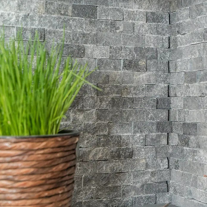 Mosaikfliese Brick Splitface X3D 48196 - 30,5 x 29 cm, Anthrazit, Matt - Nahaufnahme einer Wand mit grauen Natursteinen, die eine rustikale und elegante Atmosphäre schaffen, neben einer grünen Pflanze.