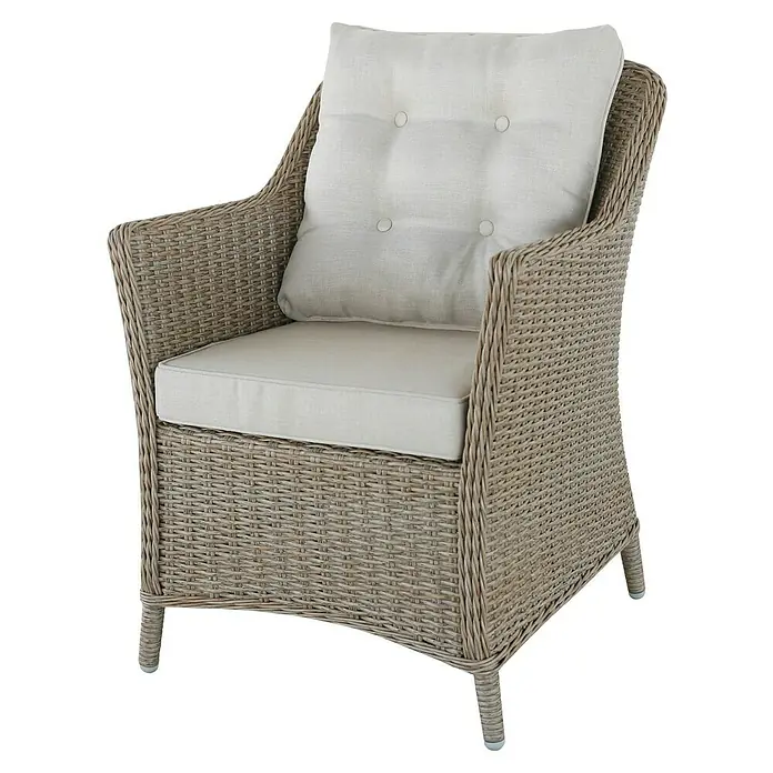 Sunfun Gartenmöbel-Set Melina/Pauline - 7 -tlg., Akazie, Aluminium, Polyrattan, Schwarz/Hellbraun - Einladender Rattansessel mit cremefarbenen Polstern. Die perfekte Kombination aus Komfort und stilvollem Design für Ihr Zuhause.