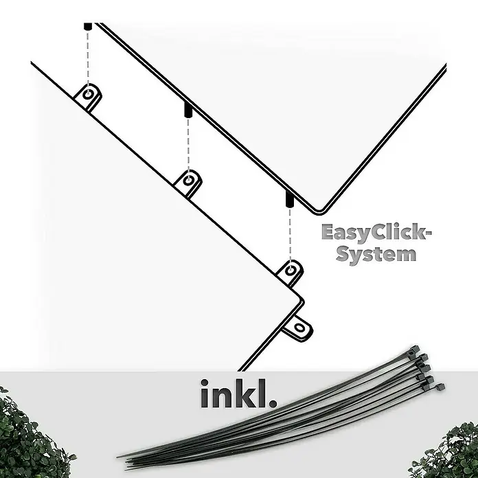 Floordirekt Kunstpflanze Pflanzenwand Boxwood Dark-Green 50 x 50 cm - Blütenfarbe: Grün, Kunststoff - Illustration eines EasyClick-Systems mit Kabelbindern zur einfachen Montage. Das Set beinhaltet alles für eine schnelle Installation.
