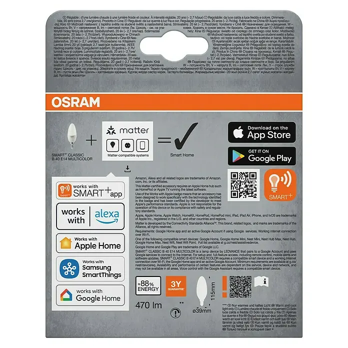 Osram Smart+ Smart-LED-Lampe Kerze matter - E14, Dimmbar, RGBW, 470 lm, 4,9 W, 3 Stk. - Osram Smart+ Classic B 40 E14 Multicolor Lampe, kompatibel mit Apple Home, Google Home und Samsung SmartThings für intelligentes Licht.