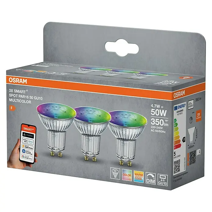 Osram Smart+ Smart-LED-Lampe matter - GU10, Dimmbar, RGBW, 350 lm, 4,7 W, 3 Stk. - Produktverpackung: OSRAM 3X SMART+ PAR16 50 GU10 Multicolor LED-Lampen, die intelligentes Licht und farbenfrohe Beleuchtung bieten.