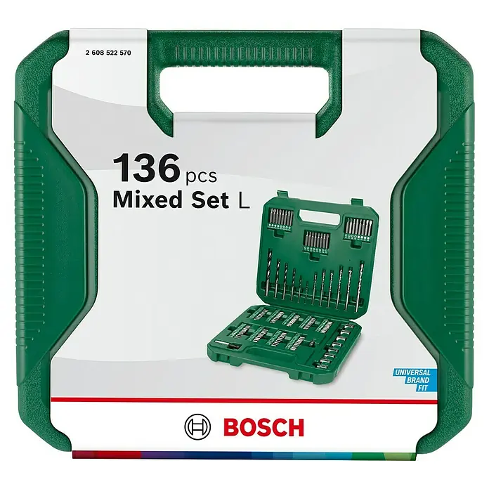 Bosch Werkzeug-Set Mixed Set L - 136 -tlg. - Das Bosch 136-teilige gemischte Set L, ein umfassendes Sortiment für verschiedene Bohranwendungen, verpackt in einem robusten grünen Koffer.