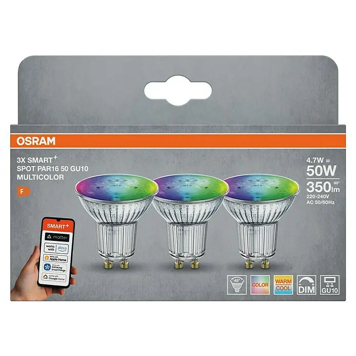 Osram Smart+ Smart-LED-Lampe matter - GU10, Dimmbar, RGBW, 350 lm, 4,7 W, 3 Stk. - Abbildung einer OSRAM 3er-Packung SMART+ PAR16 50 GU10 Multicolor-Lampen, die intelligente Funktionen und Farboptionen für die Beleuchtung bietet.