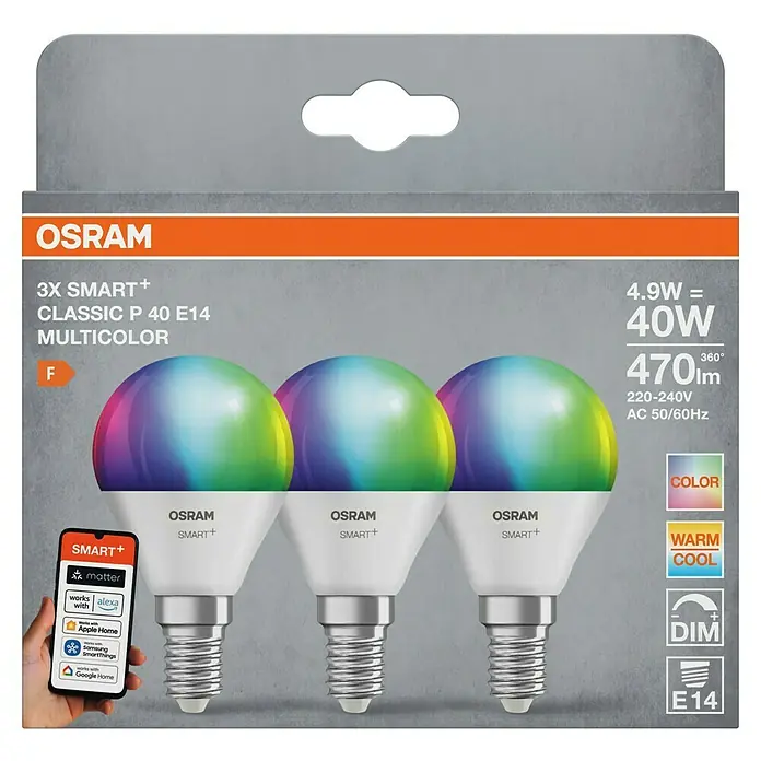 Osram Smart+ Smart-LED-Lampe Tropfen matter - E14, Dimmbar, RGBW, 470 lm, 4,9 W, 3 Stk. - Das Bild zeigt die Verpackung von Osram Smart+ Classic P40 E14 Multicolor LED-Lampen, die smart sind und verschiedene Farben darstellen können.