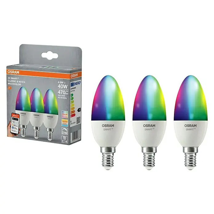 Osram Smart+ Smart-LED-Lampe Kerze matter - E14, Dimmbar, RGBW, 470 lm, 4,9 W, 3 Stk. - Packung mit drei smarten OSRAM Classic B40 E14 Multicolor-LED-Lampen mit 4,9W Leistung, die farbiges Licht erzeugen können.