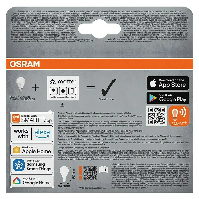 Osram Smart+ Smart-LED-Lampe Tropfen matter - E14, Dimmbar, RGBW, 470 lm, 4,9 W, 3 Stk. - Produktdiagramm: OSRAM SMART+ Classic P40 E14 Multicolor Lampe, Matter-Kompatibilität, Smart Home Integration und App-Kompatibilität.