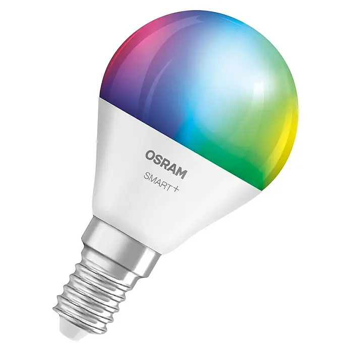 Osram Smart+ Smart-LED-Lampe Tropfen matter - E14, Dimmbar, RGBW, 470 lm, 4,9 W, 3 Stk. - Das Bild zeigt eine farbenfrohe OSRAM SMART+ LED-Lampe, die ein breites Spektrum an Farben ausstrahlt.