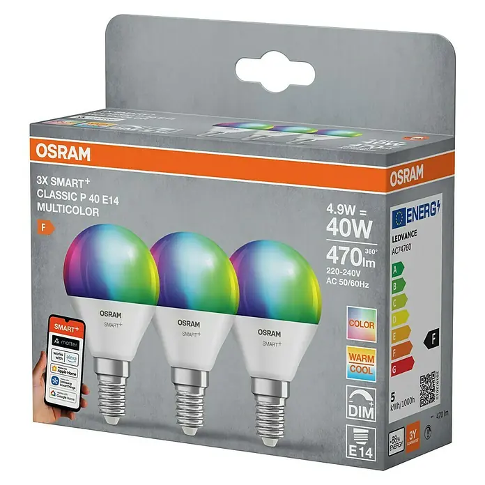 Osram Smart+ Smart-LED-Lampe Tropfen matter - E14, Dimmbar, RGBW, 470 lm, 4,9 W, 3 Stk. - Packung mit drei Osram Smart+ Classic P 40 E14 Multicolor LED-Lampen mit Energieeffizienzklasse F für stimmungsvolle Beleuchtung.