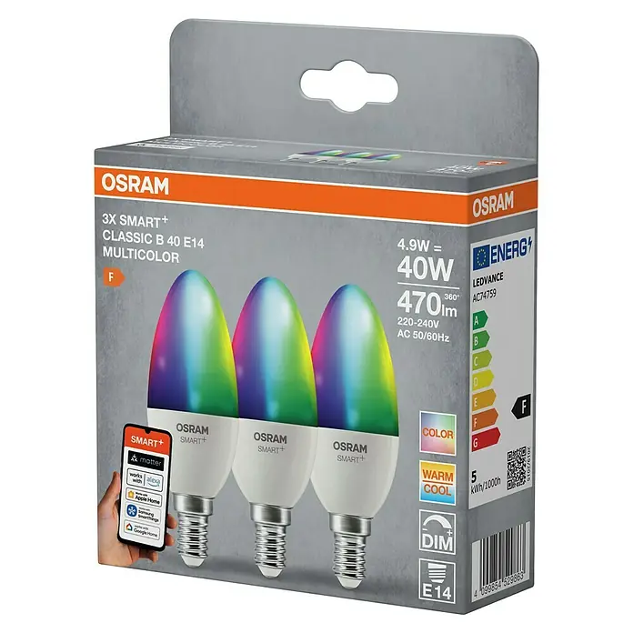 Osram Smart+ Smart-LED-Lampe Kerze matter - E14, Dimmbar, RGBW, 470 lm, 4,9 W, 3 Stk. - Abbildung einer Osram Smart+ Multicolor-Lampe.
