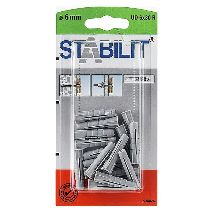 Stabilit Universal-Kragendübel - Durchmesser Dübel: 6 mm, Länge Dübel: 30 mm, 18 Stk. - Eine Packung Stabilits Universal Dübel UD 6x30 R, mit einem Durchmesser von 6 mm, inklusive 8 Dübeln.