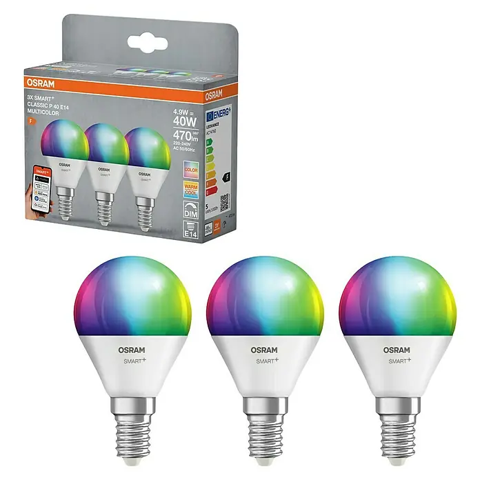 Osram Smart+ Smart-LED-Lampe Tropfen matter - E14, Dimmbar, RGBW, 470 lm, 4,9 W, 3 Stk. - Ein Paket mit drei Osram Smart+ Classic P40 E14 Multicolor Lampen, die smarte Beleuchtung für Ihr Zuhause versprechen.