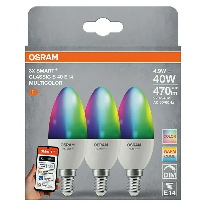 Osram Smart+ Smart-LED-Lampe Kerze matter - E14, Dimmbar, RGBW, 470 lm, 4,9 W, 3 Stk. - Packung mit drei smarten OSRAM Classic B 40 E14 Multicolor Lampen. Die Lampen sind dimmbar und kompatibel mit Smart Home Systemen.