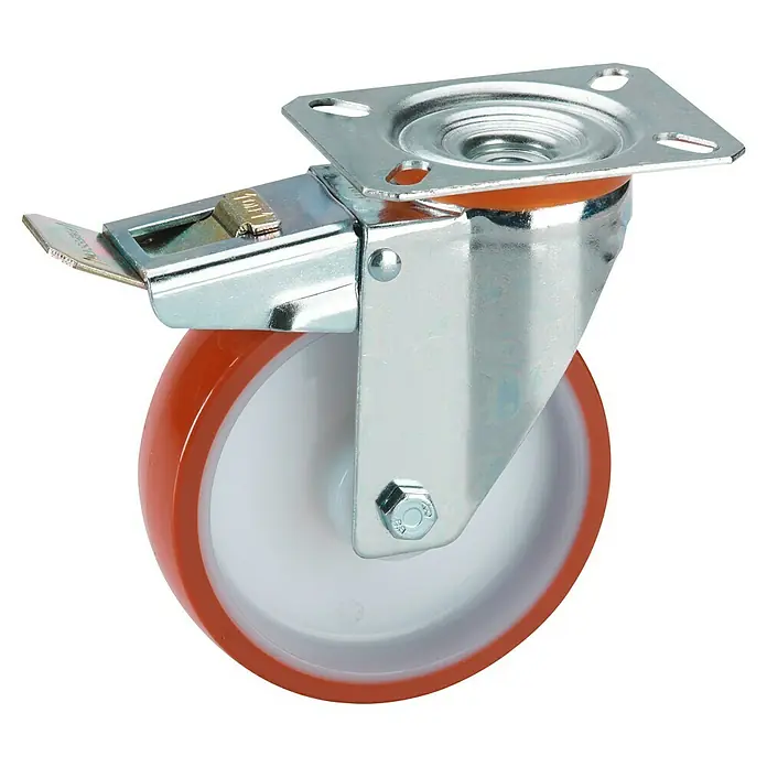 Stabilit Transportgeräterolle - Durchmesser Rollen: 125 mm, Traglast: 200 kg, Gleitlager, Mit Platte und Feststeller - Lenkrolle mit Feststeller für Möbel und Geräte, mit orangefarbener Lauffläche und weißem Kern, ideal für den Einsatz in Werkstätten.