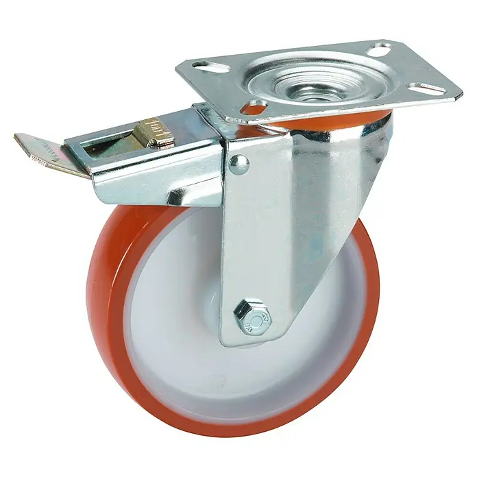 Stabilit Transportgeräterolle - Durchmesser Rollen: 80 mm, Traglast: 100 kg, Gleitlager, Mit Platte und Feststeller - Lenkrolle mit Bremse. Die robuste Lenkrolle mit Feststellbremse ist ideal für Möbel und Geräte.