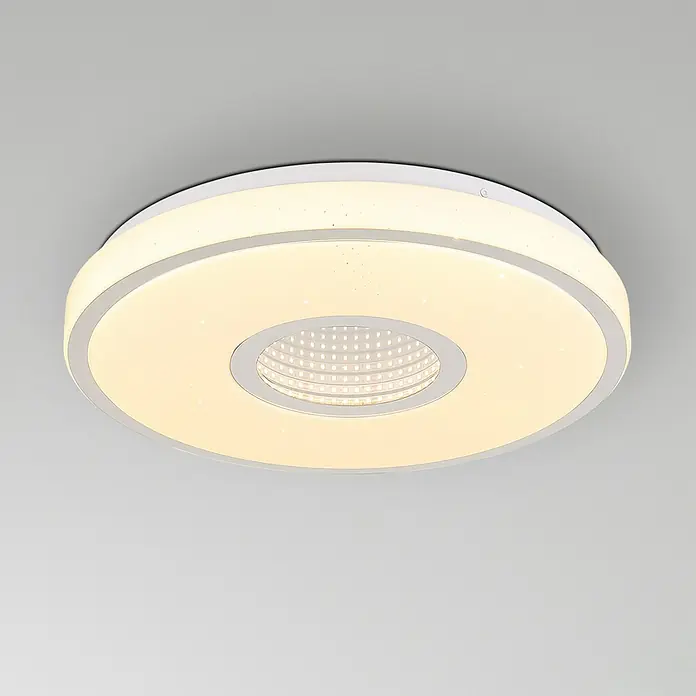 Globo LED-Deckenleuchte rund mit Tunneleffekt Astania - Farbe Gehäuse: Weiß, Ø x H: 38 x 6,5 cm, Ohne Kunstoffkristalle, Warmweiß - Elegante LED-Deckenleuchte in Ringform mit warmweißem Licht und modernem Design. Ideal für Wohn- und Schlafräume.
