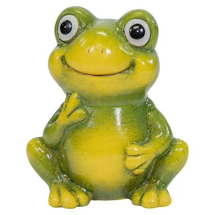 Dekofigur Frog - L x B x H: 11,5 x 9,5 x 13 cm, Frosch - Fröhliche Froschfigur in Grün und Gelb, ideal für Garten und Deko. Die Figur zeigt einen lächelnden Frosch mit großen Augen und entspannter Pose.