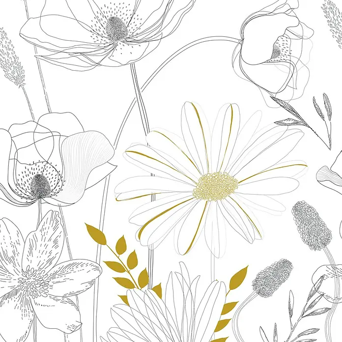 A.S. Création The Wall 2 Fototapete Blume II - B x H: 159 x 280 cm, Vlies, Weiß-Schwarz-Gelb - Elegante florale Illustration mit zarten Linien und goldenen Akzenten, die eine subtile und anspruchsvolle Ästhetik verleiht.
