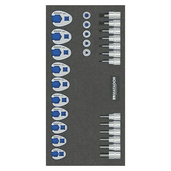 Matador Tool System Steckschlüsseleinsatz-Set - ⅜″, 28 -tlg. - Matador 3093 Steckschlüsseleinsatz-Set in einer geordneten Schaumstoffeinlage für Werkstattwagen.