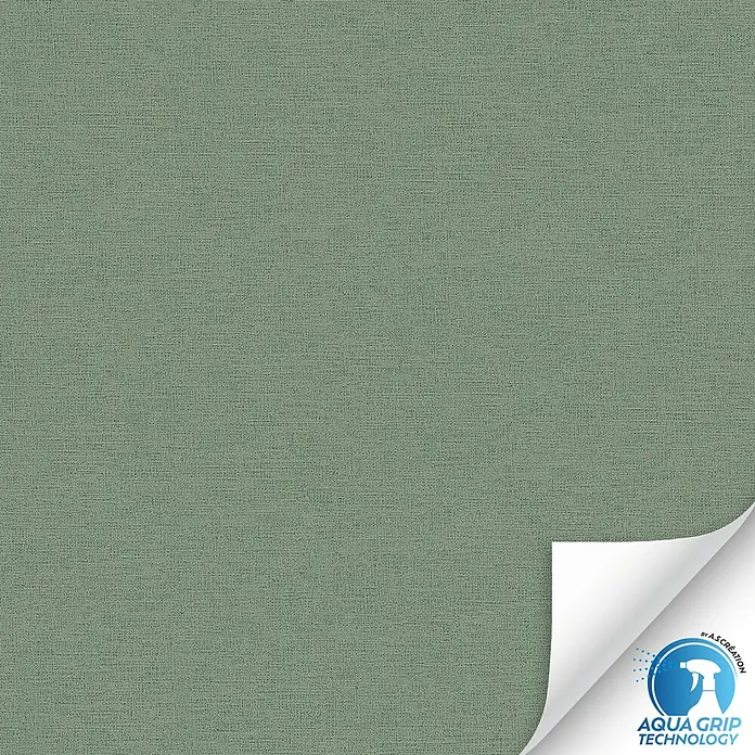 A.S. Création Designdrop Vliestapete - Grün, Uni, 10,05 x 0,53 m - Eine Nahaufnahme einer grünen Aqua Grip Technology-Tapete mit Stoffmuster und umgeschlagener Ecke.