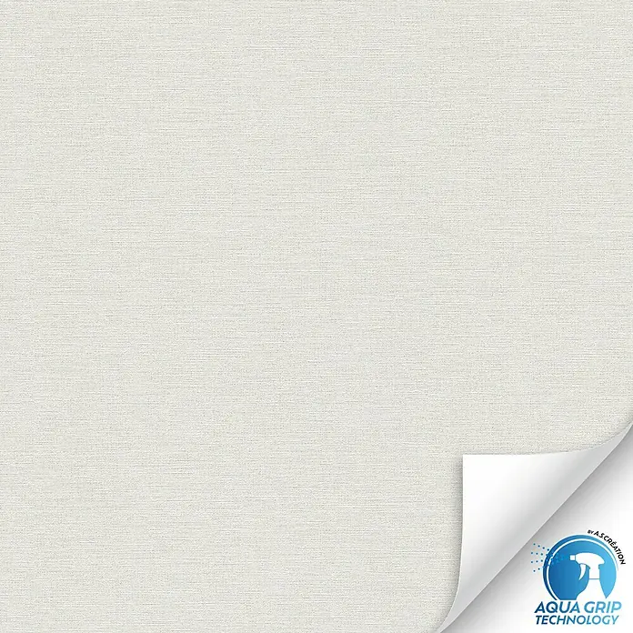 A.S. Création Designdrop Vliestapete - Cremegrau, Uni, 10,05 x 0,53 m - Nahaufnahme einer strukturierten, cremefarbenen Tapete mit einem umgeschlagenen Eck und „Aqua Grip Technologie“-Logo.