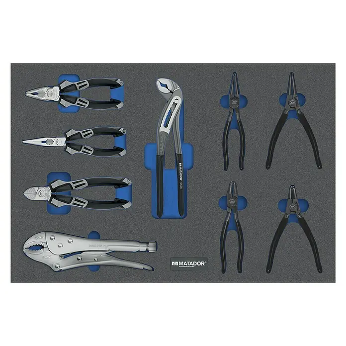 Matador Tool System Zangen-Set - 9 -tlg. - Werkzeugsatz von Matador, bestehend aus verschiedenen Zangen, ordentlich in einem grauen Schaumstoff-Organizer präsentiert.