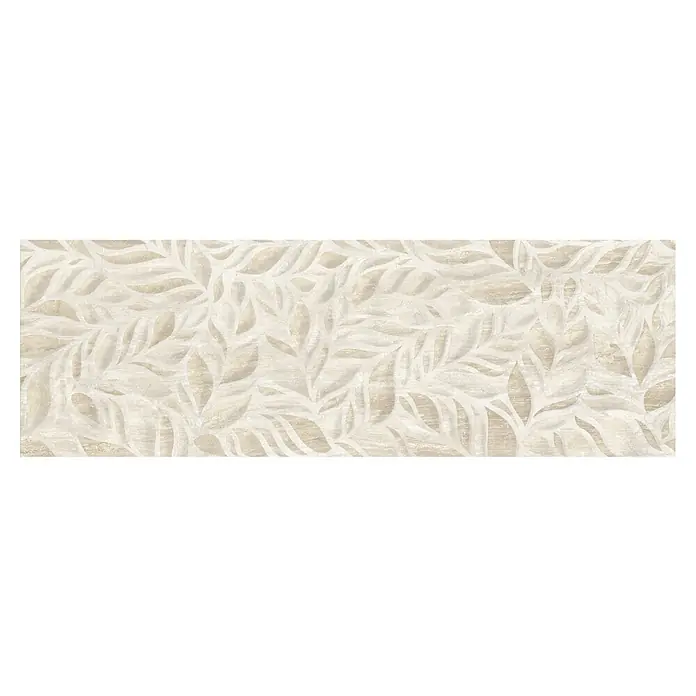 Revestimiento de pared Lumia Decor - 30 x 90 cm, Crema, Rectificado, Relieve - Panel decorativo de pared con delicados motivos de hojas en tonos neutros, ideal para el diseño de paredes.