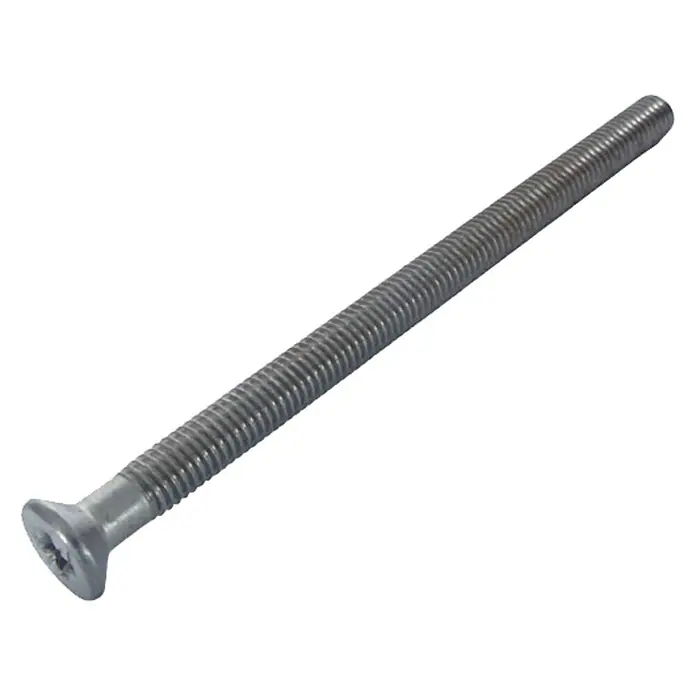 Abus Profilzylinderschrauben - Silber - Nahaufnahme einer langen, silberfarbenen Holzschraube mit durchgehendem Gewinde und Senkkopf für sichere Befestigung.
