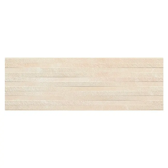 Revestimiento de pared Aurea Decor - 30 x 90 cm, Crema, Rectificado, Relieve - Azulejo de pared beige con diseño de líneas horizontales, ideal para interiores modernos.\n