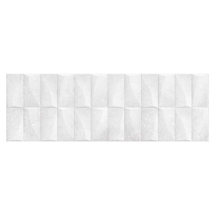 Revestimiento de pared Brikston Decor - 30 x 90 cm, Blanco, Rectificado, Relieve - Azulejo de pared blanco texturizado con secciones verticales en forma de cuña, que ofrece un diseño sutil y moderno para interiores.