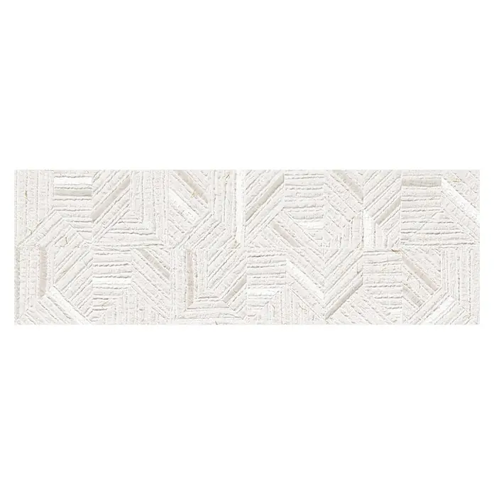Revestimiento de pared Nomad Decor - 30 x 90 cm, Lino, Rectificado, Relieve - Primer plano de un elegante panel de pared con un patrón geométrico decorativo en tonos blancos.