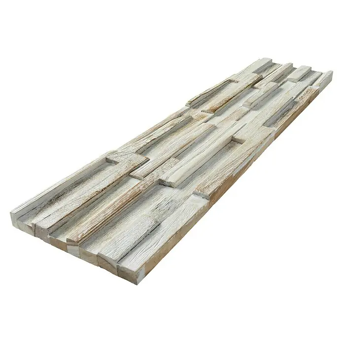 Wandpaneel Fineline White - Teak, 510 x 140 x 20 mm, 0,143 m² - Nahaufnahme einer dekorativen Wandplatte aus hellem Holz mit unregelmäßiger Struktur für den Innenbereich.