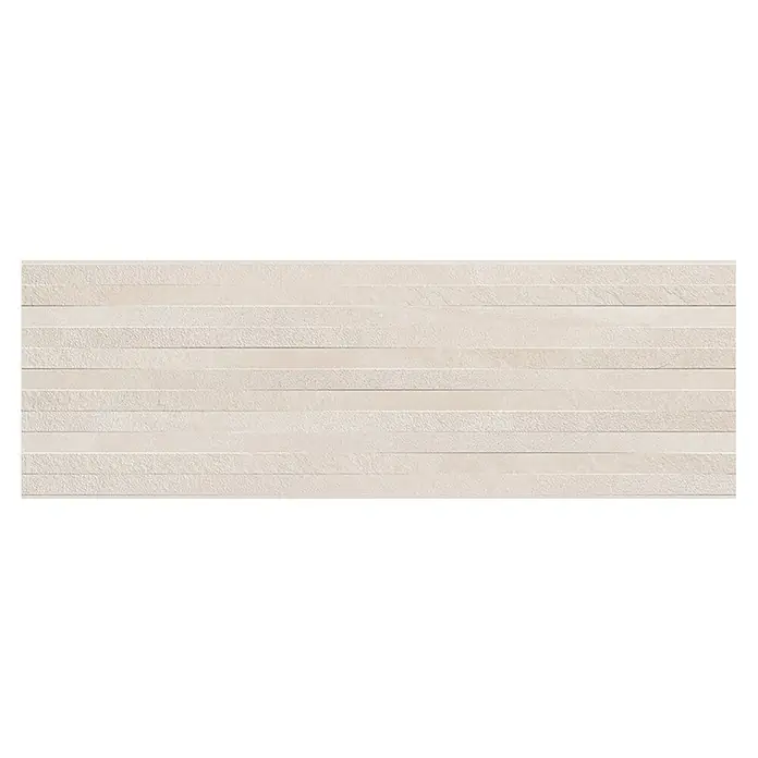Revestimiento de pared Aurea Decor - 30 x 90 cm, Blanco, Rectificado, Relieve - Azulejo de pared beige con textura horizontal, ideal para un interior moderno y elegante. El azulejo añade un toque elegante a cualquier estancia.
