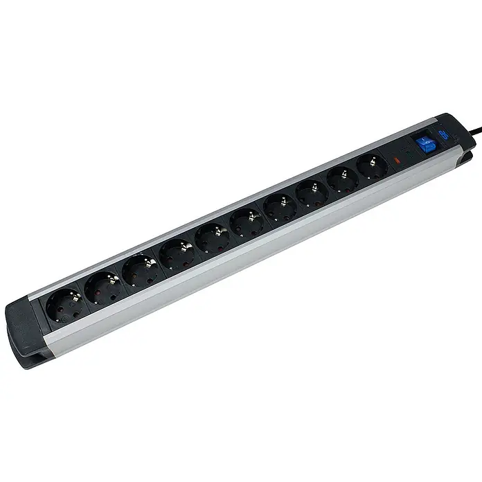 as-schwabe Steckdosenleiste - 10-fach, Schwarz, Kabellänge: 1,5 m, IP20, Mit Schalter - Eine Steckdosenleiste mit zehn Steckplätzen, einem blauen Schalter und einem schwarzen Stromkabel. Ideal für den Anschluss mehrerer Geräte.