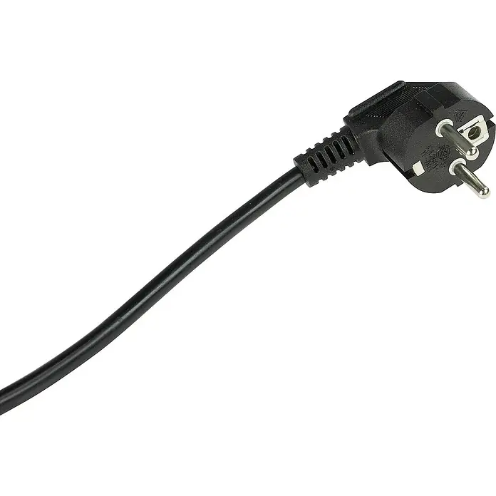 as-schwabe Steckdosenleiste - 2-fach, Schwarz, Kabellänge: 1,5 m, IP20, Mit Schalter - Detailaufnahme eines schwarzen Schuko-Steckers am Ende eines Stromkabels, typisch für Elektrogeräte in Europa, auf einem weißen Hintergrund.