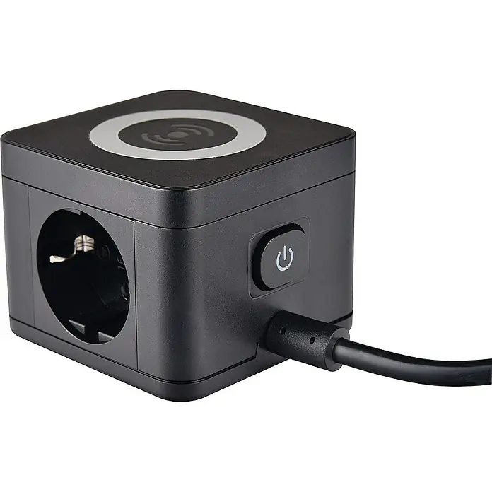 as-schwabe Steckdosenleiste - 2-fach, Schwarz, Kabellänge: 1,5 m, IP20, Mit Schalter - Bild eines schwarzen Würfels mit Steckdose, USB-Anschluss, Einschaltknopf und kabelloser Ladefläche oben.