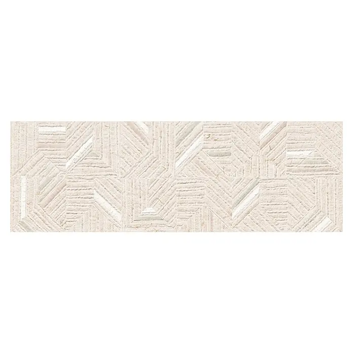 Revestimiento de pared Nomad Decor - 30 x 90 cm, Natural, Rectificado, Relieve - Primer plano de una baldosa de mosaico beige con un patrón geométrico y una superficie texturizada.