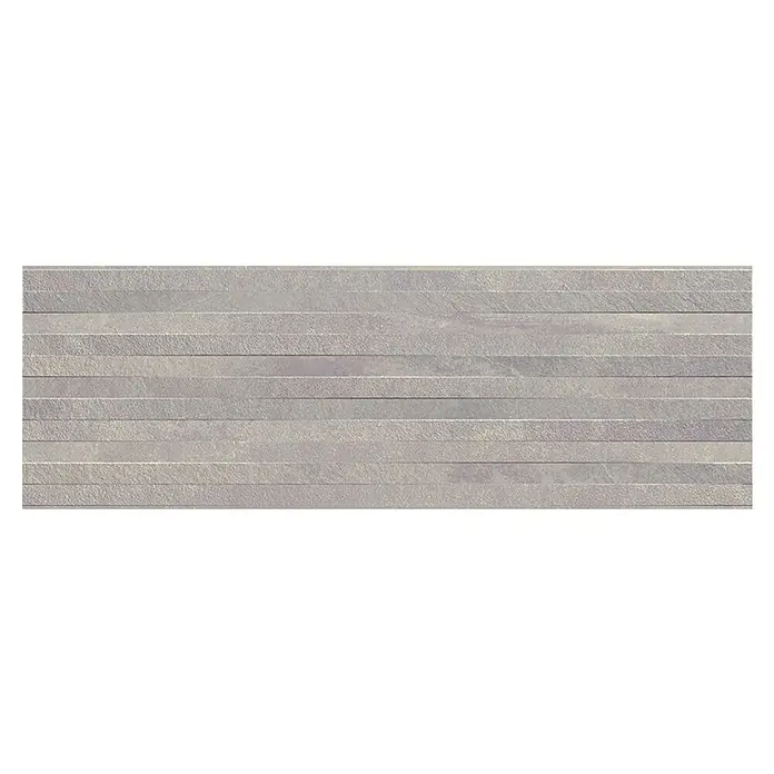Revestimiento de pared Aurea Decor - 30 x 90 cm, Gris, Rectificado, Relieve - Azulejo de pared gris con rayas horizontales y una textura ligera. El azulejo ofrece un aspecto moderno con elegancia y durabilidad.