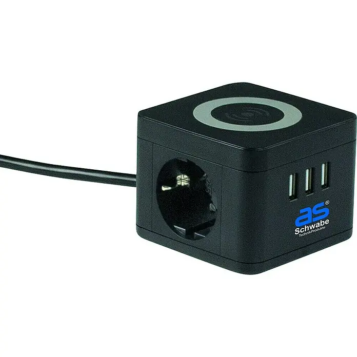 as-schwabe Steckdosenleiste - 2-fach, Schwarz, Kabellänge: 1,5 m, IP20, Mit Schalter - Nahaufnahme eines schwarzen AS Schwabe Power-Würfels mit Steckdosen, USB-Anschlüssen und einem kabellosen Ladepad auf einem weißen Hintergrund.
