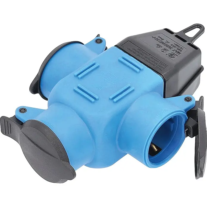 as-schwabe Steckdosenleiste - 3-fach, Blau, IP44 - Eine blaue Dreifach-Steckdosenleiste mit schwarzem Gehäuse für den Außenbereich, ideal für den Anschluss mehrerer Geräte.