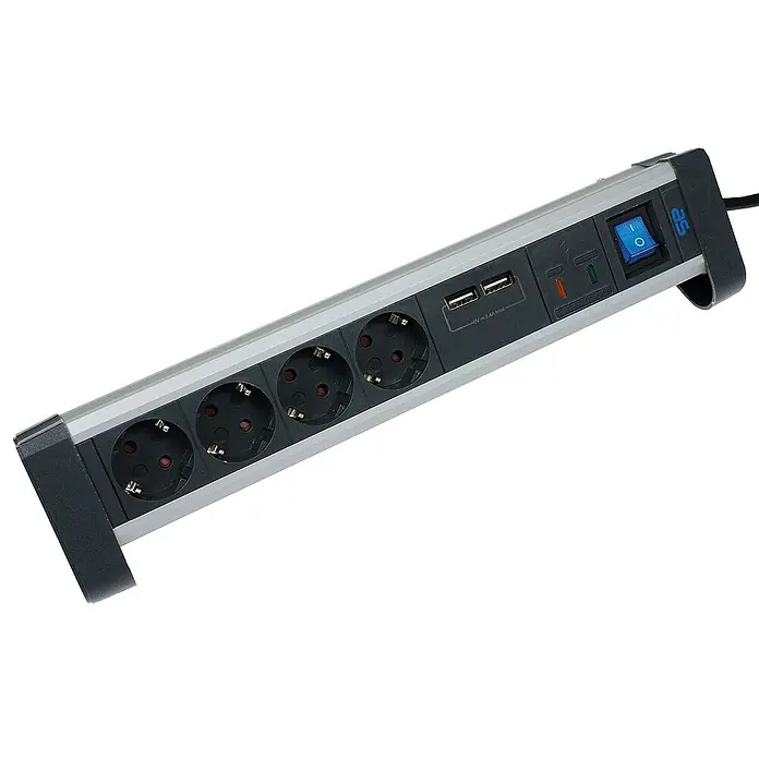 as-schwabe Steckdosenleiste - 4-fach, Schwarz, Kabellänge: 1,5 m, IP20, Mit Schalter - Silberne Steckdosenleiste mit vier Schuko-Steckdosen, zwei USB-Anschlüssen und einem blauen Netzschalter zur Stromversorgung von Geräten.