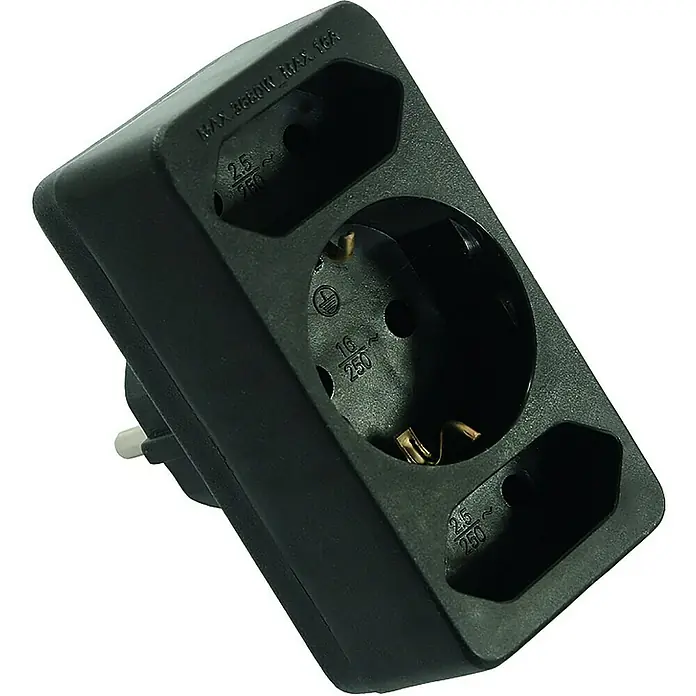 as-schwabe Steckdosenleiste - 3-fach, Schwarz, IP20 - Nahaufnahme eines schwarzen Steckdosenadapters mit mehreren Steckplätzen für verschiedene Steckerformen.