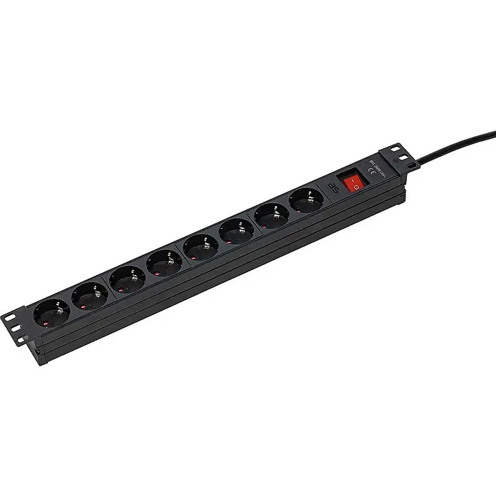 as-schwabe Steckdosenleiste - 8-fach, Schwarz, Kabellänge: 3 m, IP20, Mit Schalter - Eine schwarze 8-fach Steckdosenleiste mit rotem Schalter und Montagehalterungen, ideal für den Rackeinbau und zur Stromverteilung.