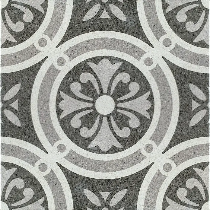 Feinsteinzeugfliese Vintage Classic25 x 25 cm, Schwarz/Grau/Weiß, Matt - Quadratische Fliese mit einem komplexen, kreisförmigen Muster in Grau- und Weißtönen, ideal für Boden- oder Wandgestaltung.