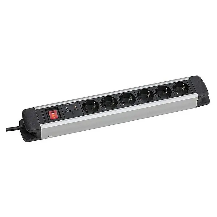 as-schwabe Steckdosenleiste - 6-fach, Silber, Kabellänge: 1,5 m, IP20, Mit Schalter - Eine Mehrfachsteckdose mit sechs Steckplätzen, einem Schalter und USB-Anschlüssen, perfekt für den Einsatz zu Hause oder im Büro.