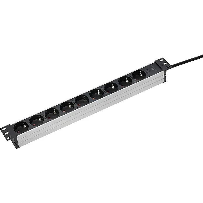 as-schwabe Steckdosenleiste - 9-fach, Schwarz, Kabellänge: 2 m, IP20, Ohne Schalter - Eine Steckerleiste mit 9 Steckdosen. Das Gehäuse ist aus silberfarbenem Aluminium gefertigt und hat ein schwarzes Netzkabel.