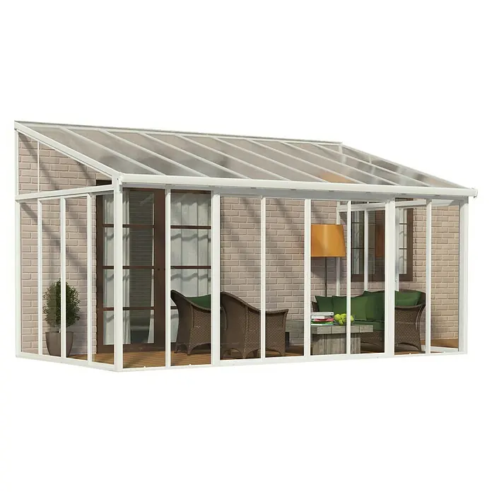 Palram – Canopia Porche acristalado San Remo - An x Pr x Al: 5,46 x 3 x 3,1 m, Blanco tráfico - Un solárium con marco blanco y techo transparente, que crea un acogedor espacio de estar al aire libre.