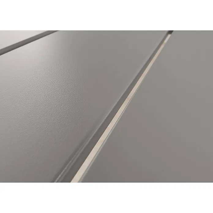 Chefgastro Gartentisch Alu-Esstisch - L x B x H: 80 x 180 x 73 cm, Eckig, Hellgrau - Nahaufnahme von grauen, horizontalen Lamellen mit leichten Texturen und schmalen, hellen Fugen, die Tiefe und Struktur betonen.
