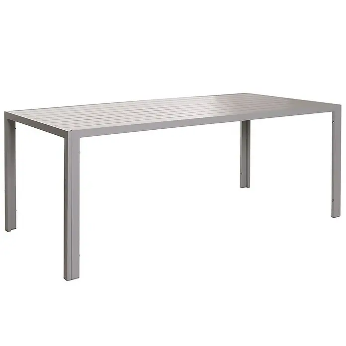 Chefgastro Gartentisch Alu-Esstisch - L x B x H: 80 x 180 x 73 cm, Eckig, Hellgrau - Bild eines rechteckigen Esstisches mit Lattenrostplatte und silbernem Gestell. Der Tisch ist schlicht und modern gestaltet.